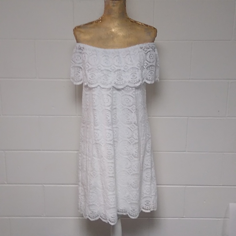 RN STUDIO LACE, ON OR OFF SHOULDER, SCALLOP HEM & RUFFLE TOP DRESS